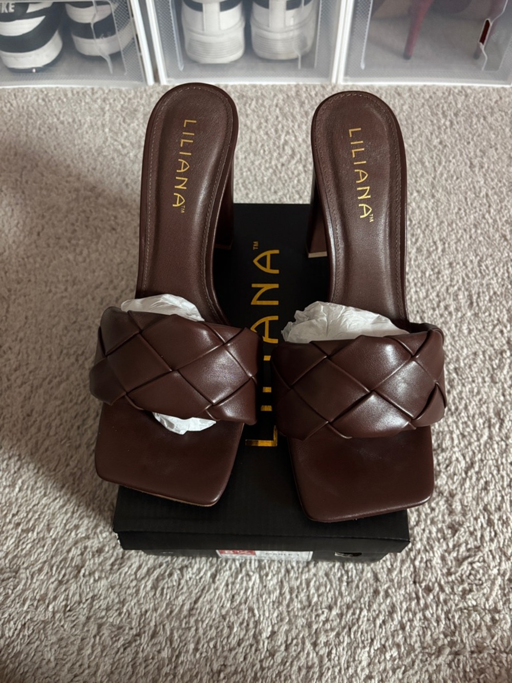 Liliana Dark Brown Braided Square-Toe Slide Heels